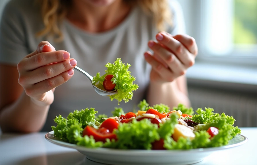 A person mindfully eating a colorful salad, focusing on the texture and taste.