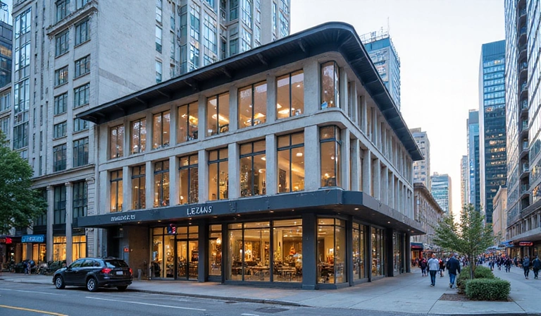 A modern, clean office building in a bustling city, representing the Healthy Habits Hub location.