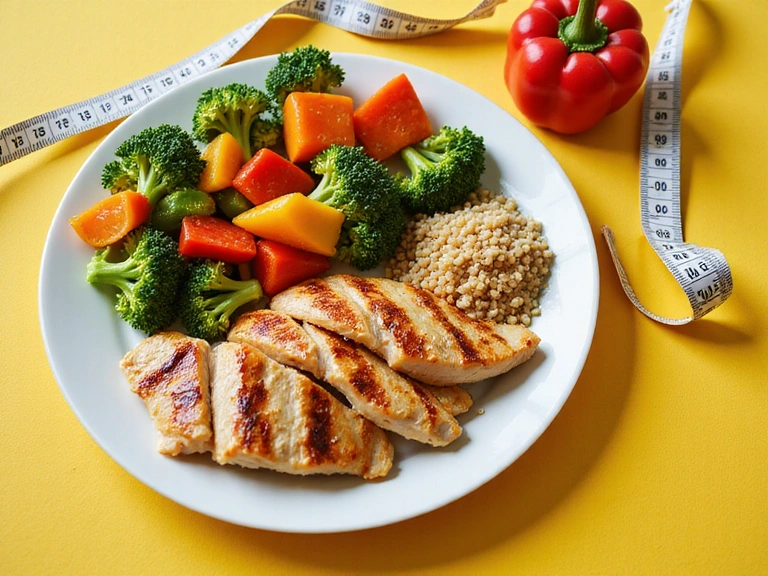 A vibrant flat lay of balanced meal components including lean protein, whole grains, and colorful vegetables, with a measuring tape subtly in the background, representing healthy weight management.